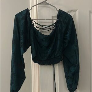 Lulu's Blue Ruched Long Sleeve Crop Blouse